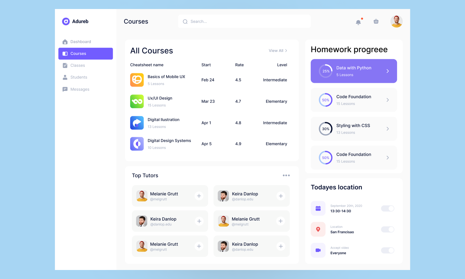 Dashboard Education Courses UI Design